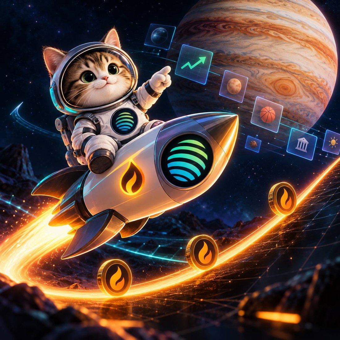 $CURVE key art: a helmeted cat rides a rocket past a giant planet; coins and data columns float around it